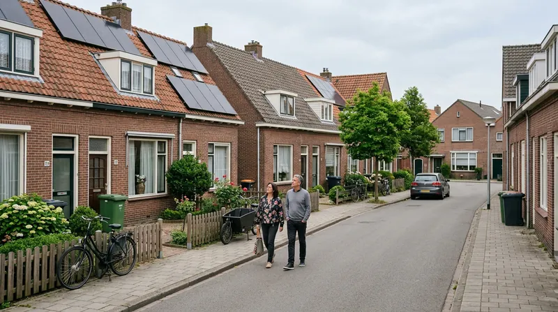 Straat met rijtjeshuizen, een stel loopt over de stoep